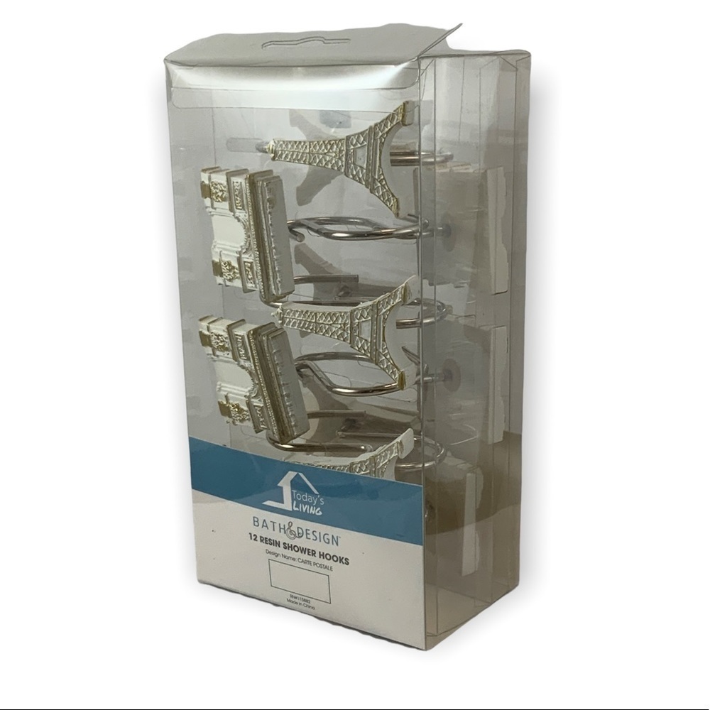 Paris Eiffel Tower Shower Hooks Arc de Triomphe French Resin White Gold 12 PC - Picture 5 of 16